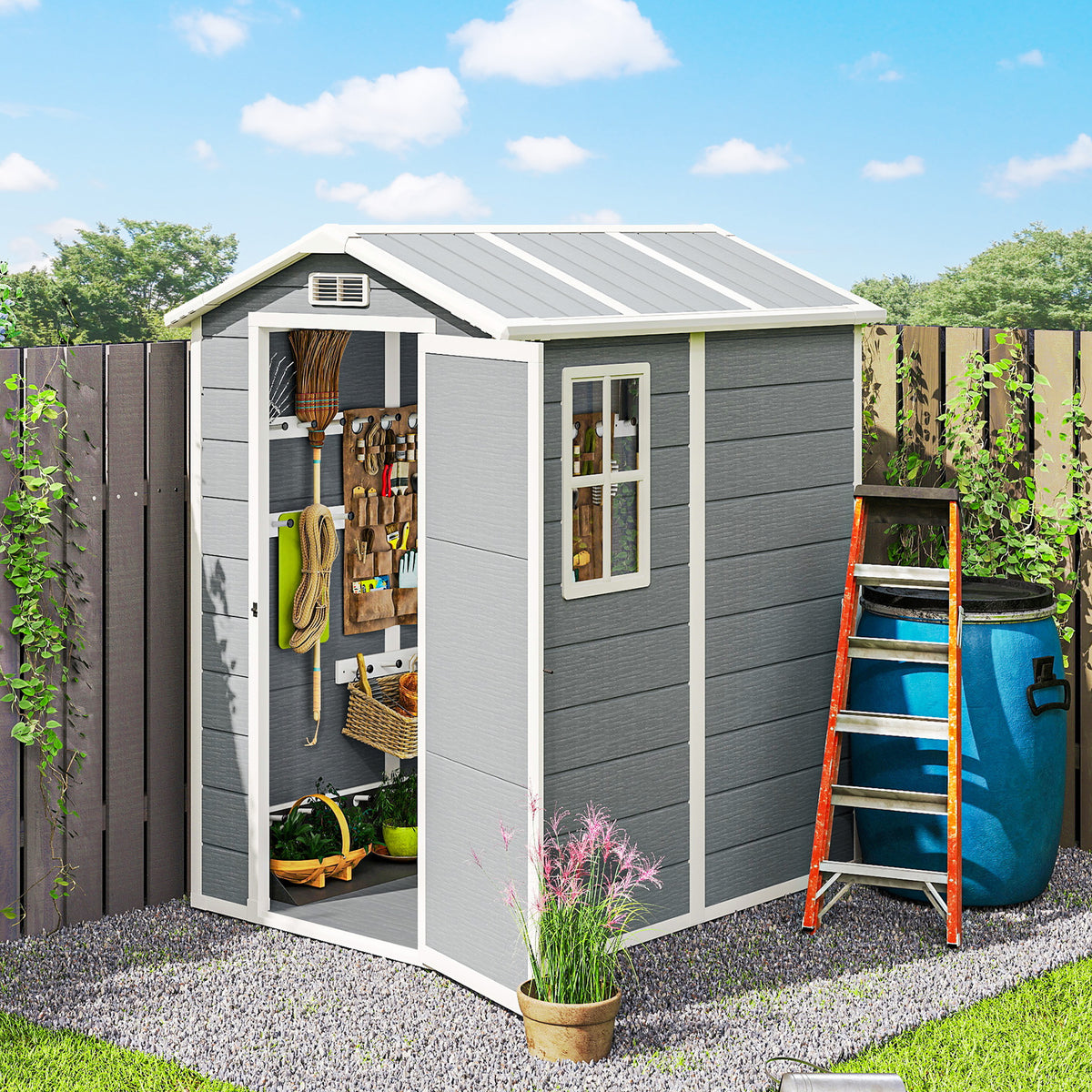 Outsunny 4 x 6ft Garden Shed, Plastic Shed with Floor, Window, Lockable Door and Vents, Resin Tool Shed for Outdoor Patio Storage, Zero Maintenance, Grey
