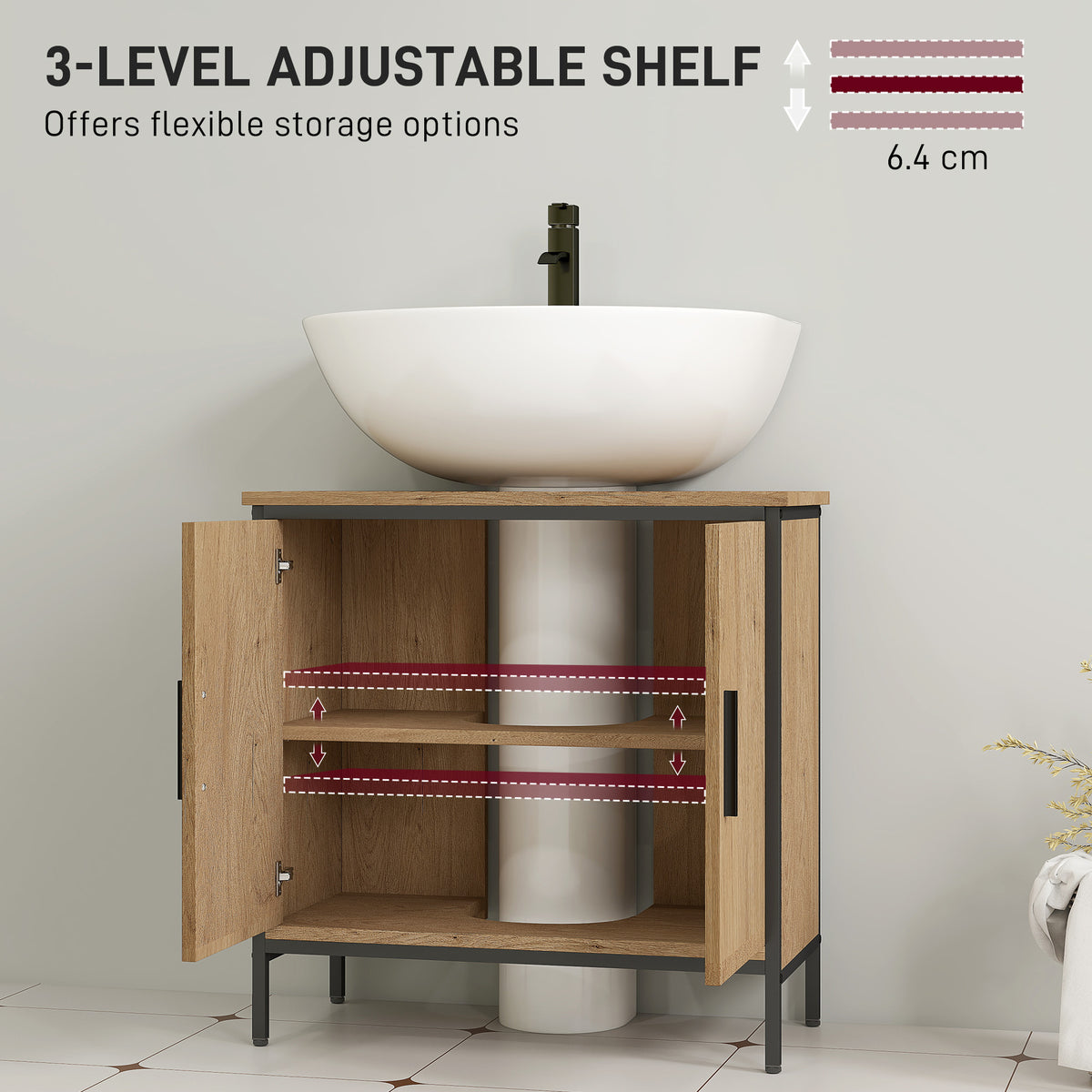 HOMCOM Bathroom Vanity Unit, Under Sink Storage Cabinet with 2 Doors, Adjustable Shelf for Basin without or with Pedestal, Oak