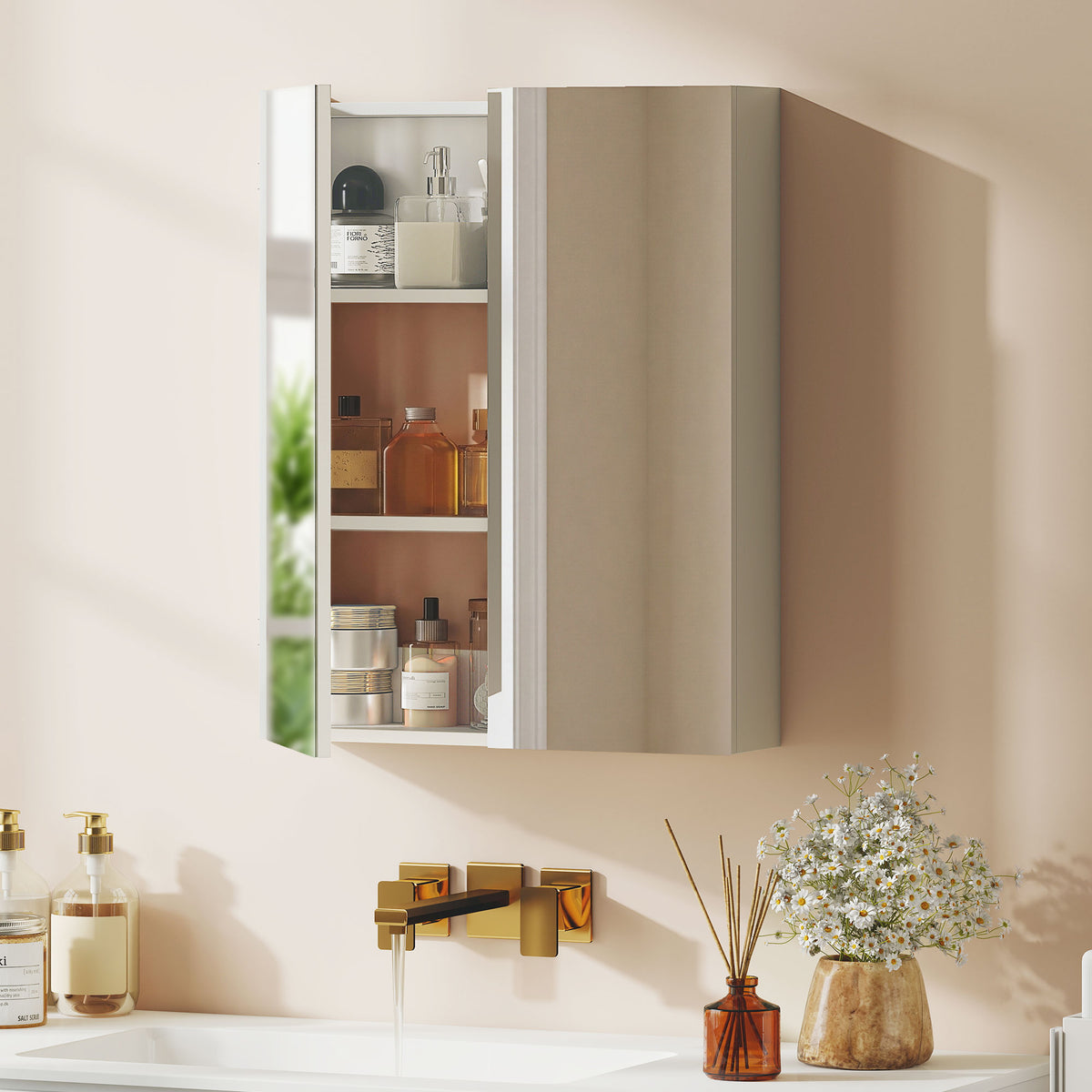 HOMCOM Wall Mounted Bathroom Mirror Storage Cabinet w/ Door Adjustable Shelf, White