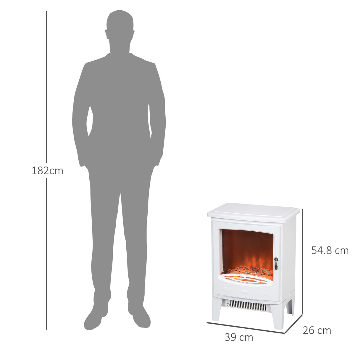 HOMCOM Electric Fireplace Stove, Freestanding Log Burner, 1000W/2000W, Portable Electric Fire Fan Heater with LED Flame Effect, Adjustable Thermostat, Glass, Overheat Protection， White