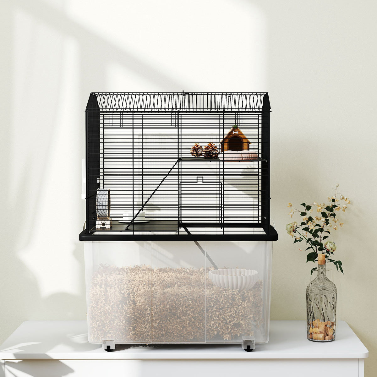 PawHut Three-Tier Gerbil Cage, Hamster Cage for Dwarf Hamster w/ Wheels, Deep Bottom, Food Dish, Water Bottle