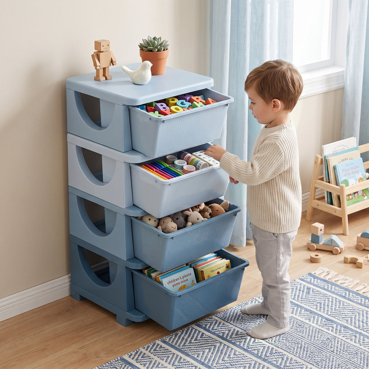 HOMCOM Four-Tier Kids Storage Boxes, with Four Drawers - Blue