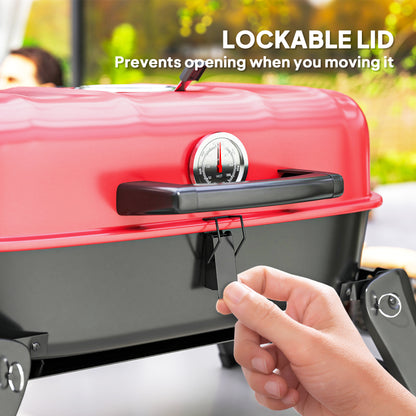 Outsunny Charcoal Barbecue Grill Folding Portable BBQ Grill for Camping with 1232 cm² Cooking Area, Adjustable Vent, Thermometer, Handles for Picnic, 59 x 37 x 36 cm, Red