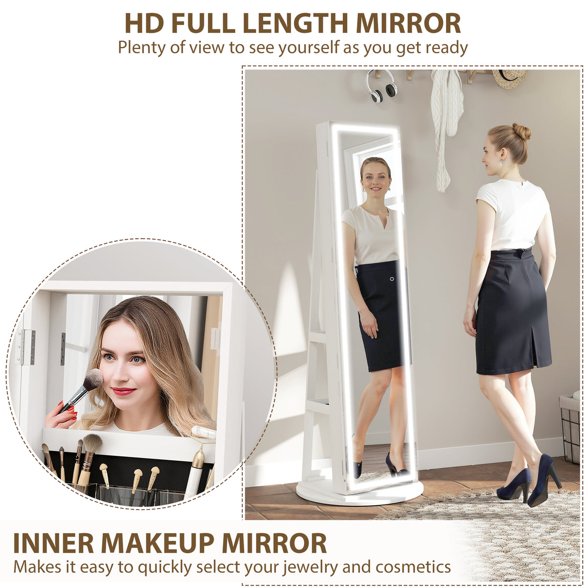 HOMCOM Storage Jewellery Cabinet, with Mirror and Lights - White