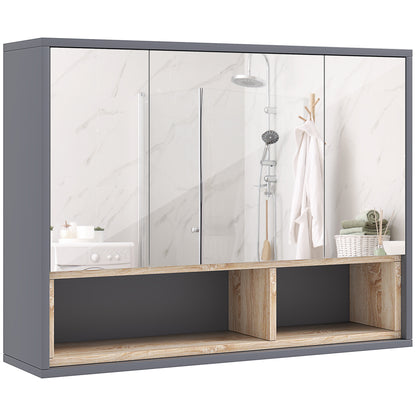 HOMCOM Bathroom Mirror Cabinet, Wall Mounted Bathroom Cabinet with Mirror, 3 Doors and Cupboards, Grey