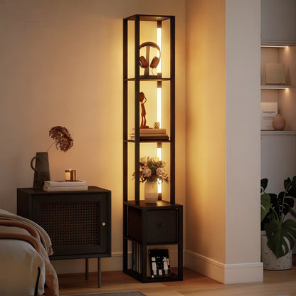 HOMCOM Floor Lamp with Shelves, LED Column Modern Standing Lamp with Fabric Drawer, Adjustable Brightness, Foot Switch for Living Room, Bedroom, Office, Black