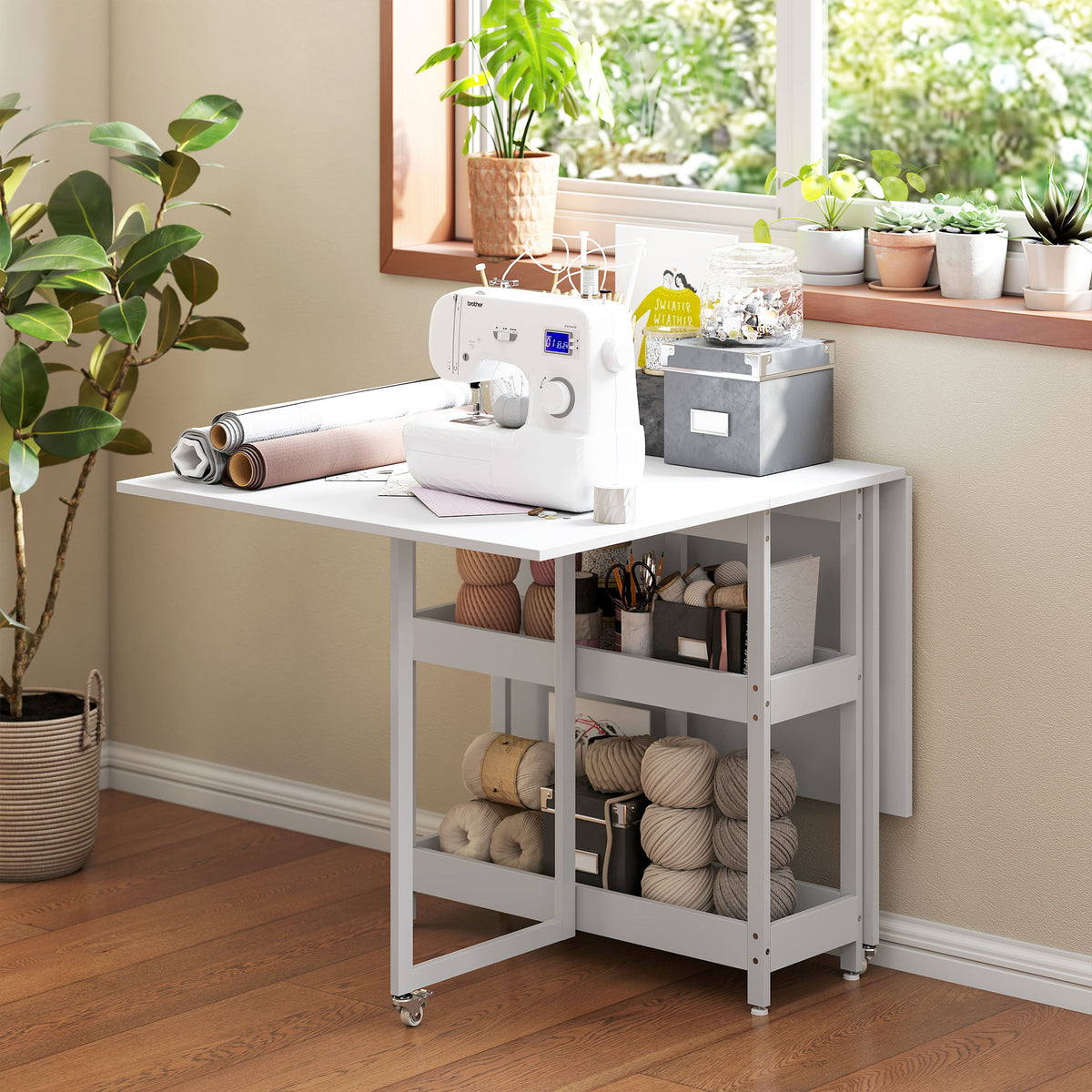 HOMCOM Four-Person Drop Leaf Table - White Wood-Effect