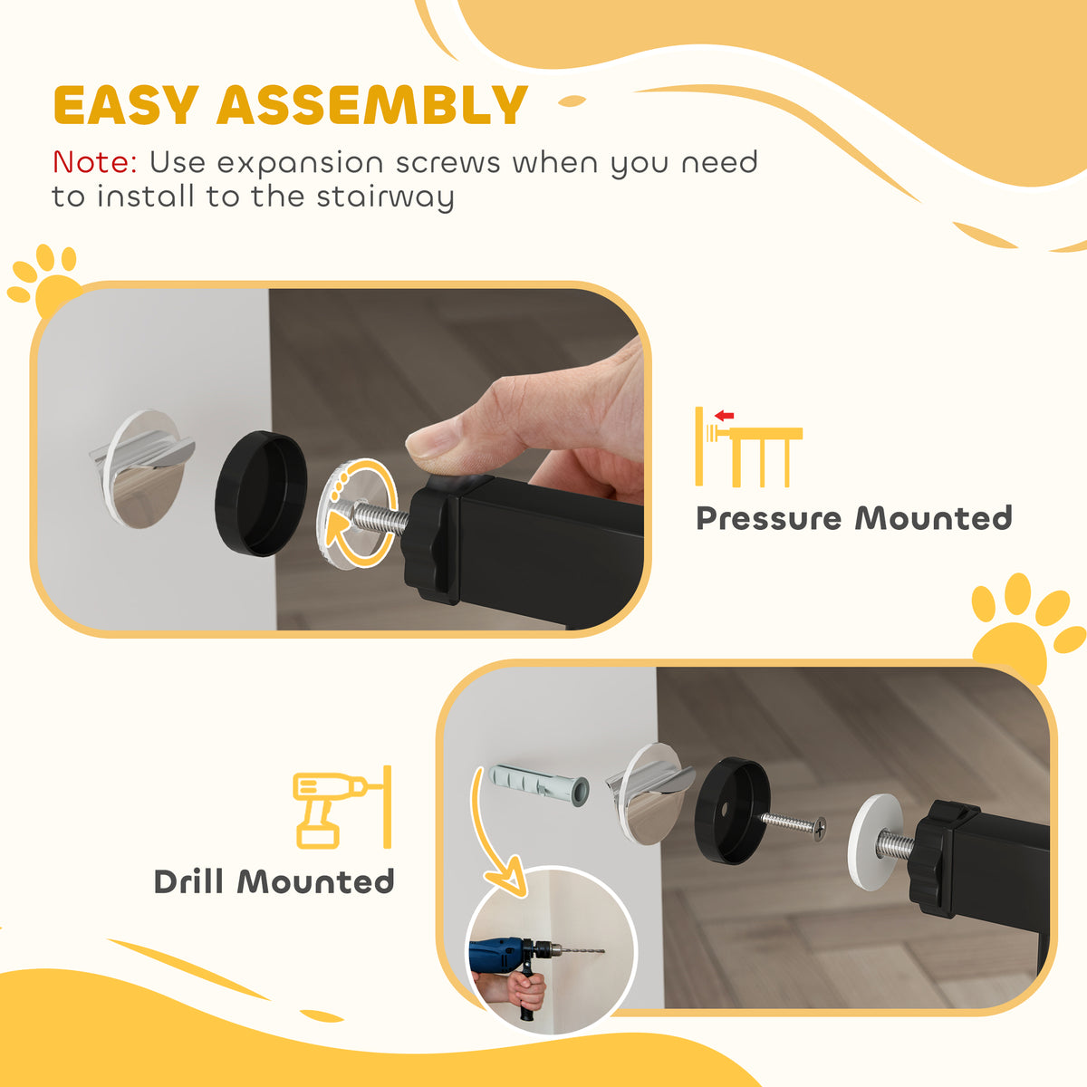 PawHut Dog Gate Pet Safety Gate Stair Barrier Pressure Mount Adjustable 76-82/86-97/101-107 cm, Black