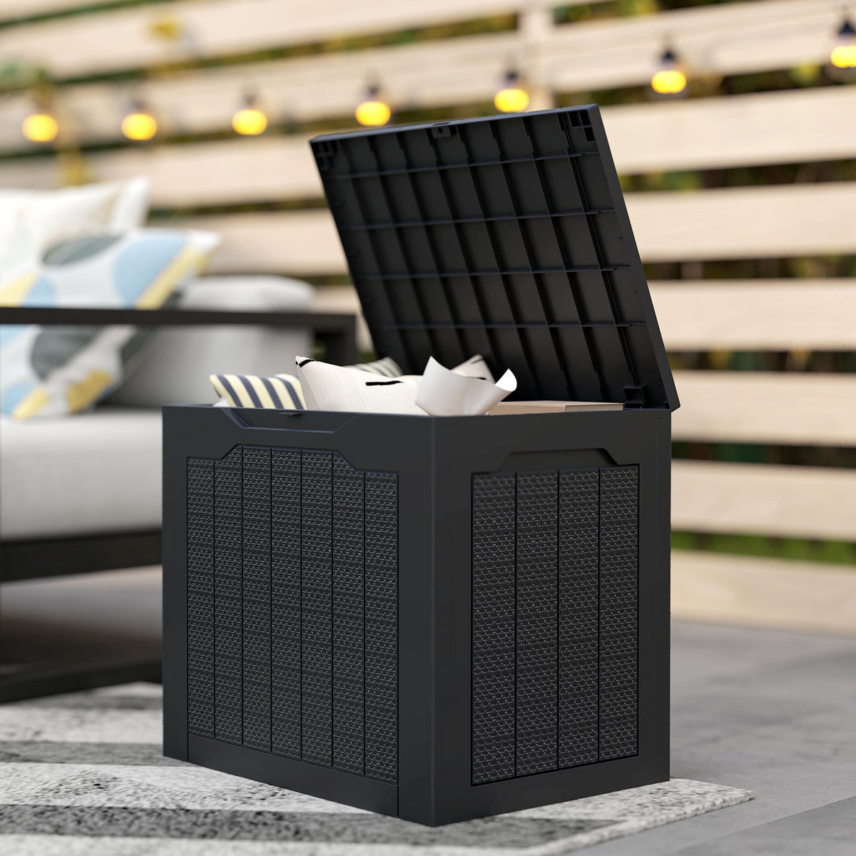 Outsunny 97L Plastic Garden Storage Box, Outdoor Storage Box with Handles, Waterproof Outdoor Storage Container, Black