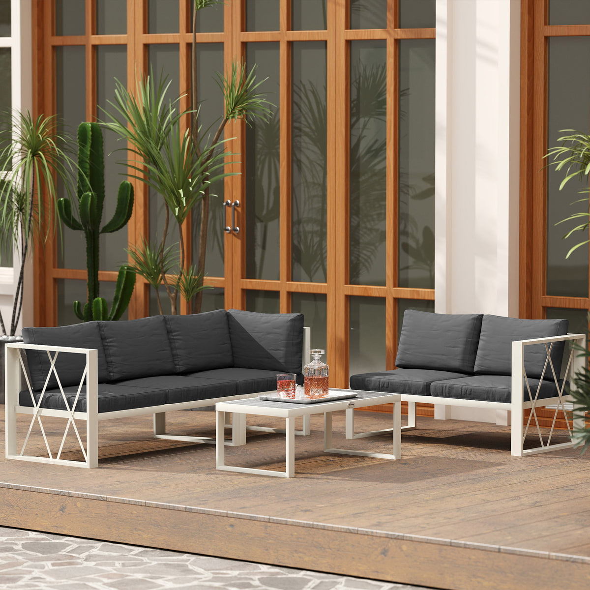 Outsunny Four-Piece L Shaped Garden Furniture Set with 5-Level Adjustable Lounger - Grey