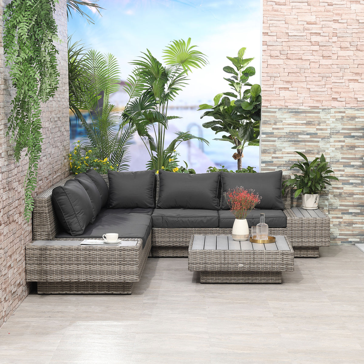 Outsunny 4 PCs Rattan Garden Furniture Outdoor Sectional Corner Sofa and Coffee Table Set  Conservatory Wicker Weave Furniture with Armrest and Cushions - Light Grey