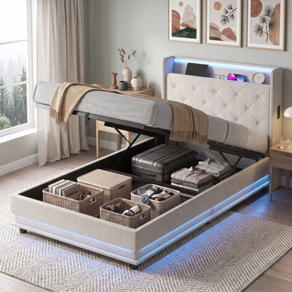 HOMCOM 3ft Single Bed Frame with Headboard, Platform Bed Frame with Hydraulic Storage, LED Lights and Charging Station, White