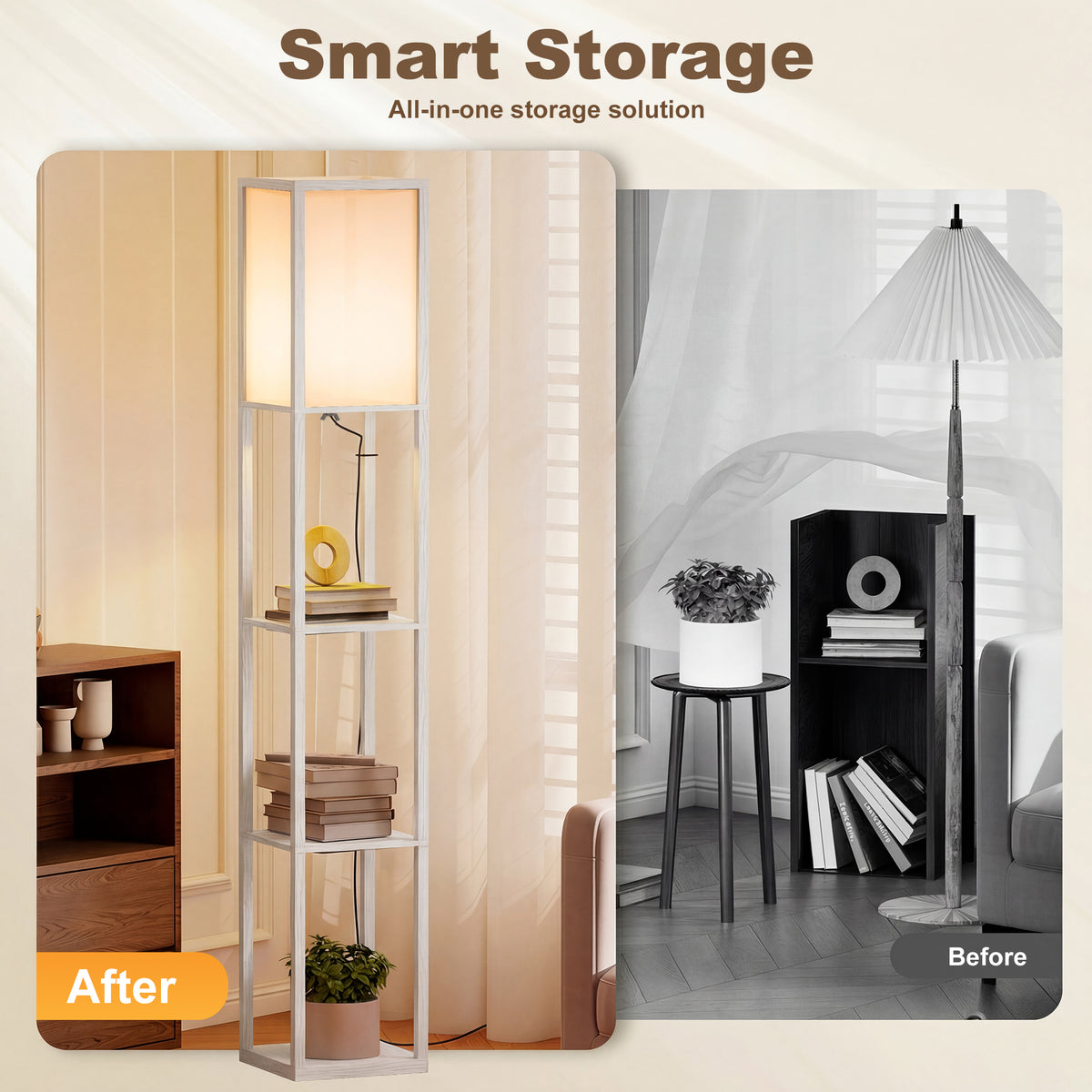 HOMCOM 3-Tier Floor Lamp with Shelves and Storage, Modern Corner Standing Lamp with Lampshade, Foot Switch for Living Room, Bedroom, Home Office, Bulb not Included, White