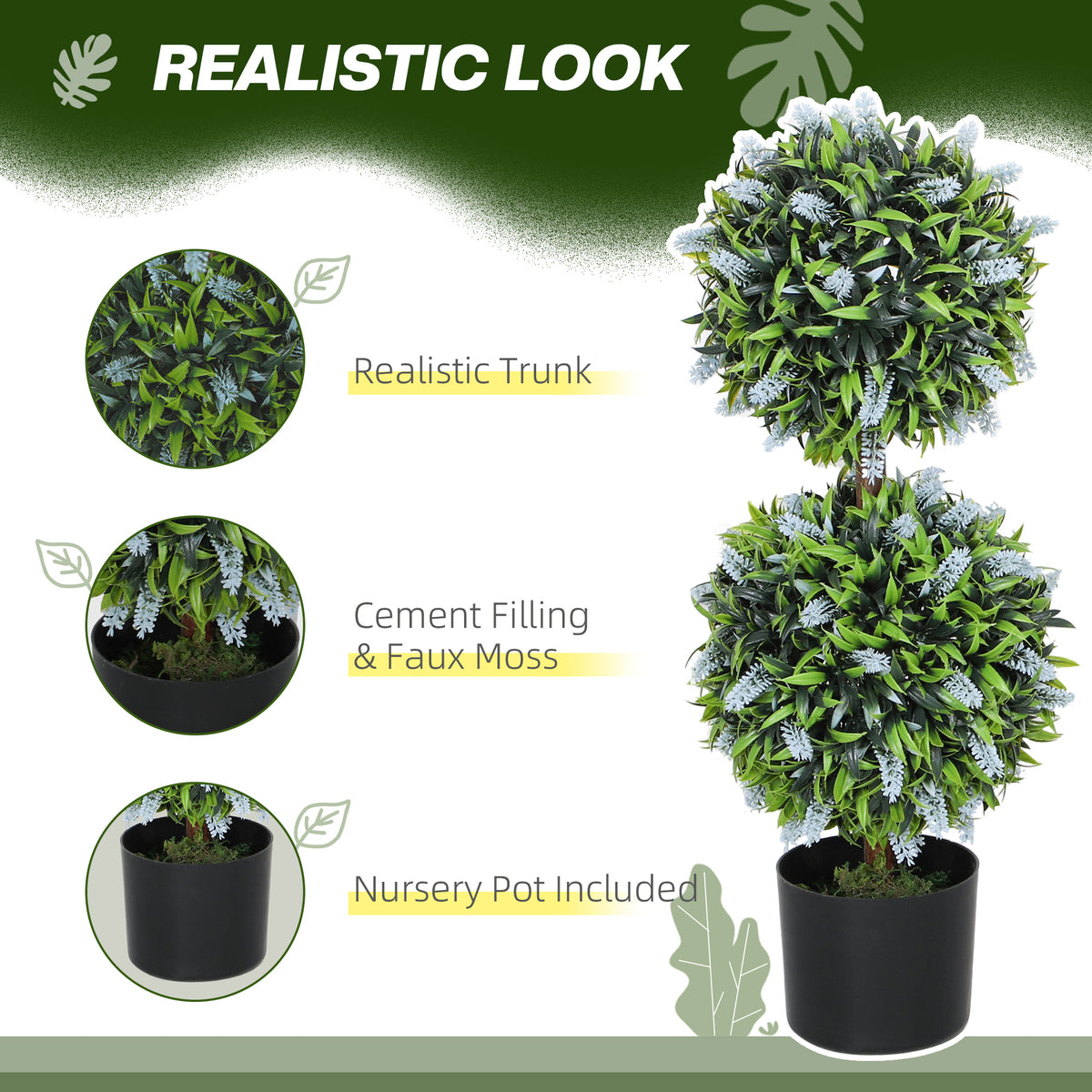 HOMCOM Set of 2 Artificial Plants, Lavender Flowers Ball Trees with Pot, for Home Indoor Outdoor Decor, 70cm