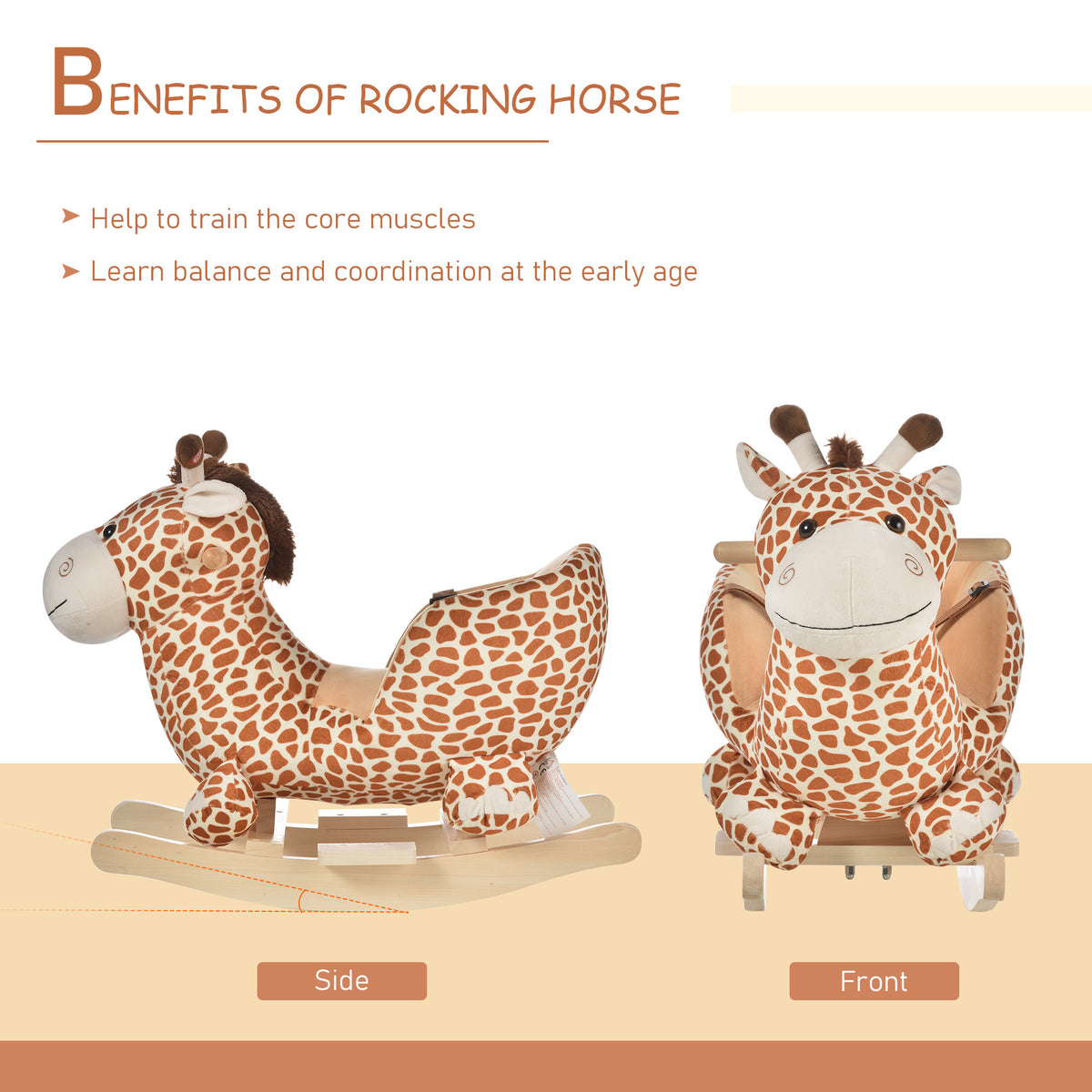 HOMCOM Kids Rocking Horse, Giraffe Plush Ride-On Toy with Music, Soft Touch & Seat Belt, Toddler Baby Gift for 18M+