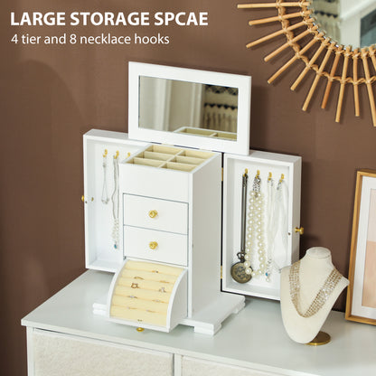 HOMCOM 4-Tier Jewellery Box with Mirror and 3 Drawers - White