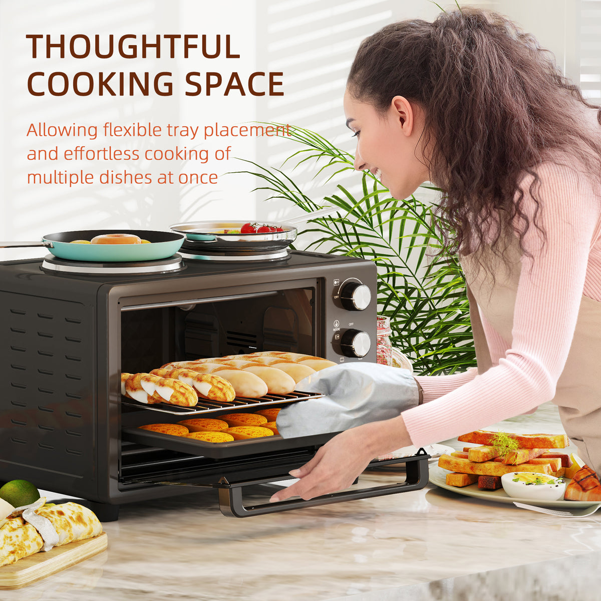 HOMCOM 28L Toaster Oven with Double Hotplate, 1600W Countertop MIni Oven with 60 Minute Timer & 230°C Temp Control, Baking Tray & Wire Rack, Black