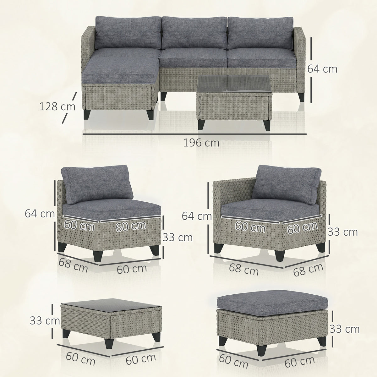 Outsunny 5-Piece Rattan Patio Furniture Set with Corner Sofa, Footstools, Coffee Table, for Poolside, Dark Grey