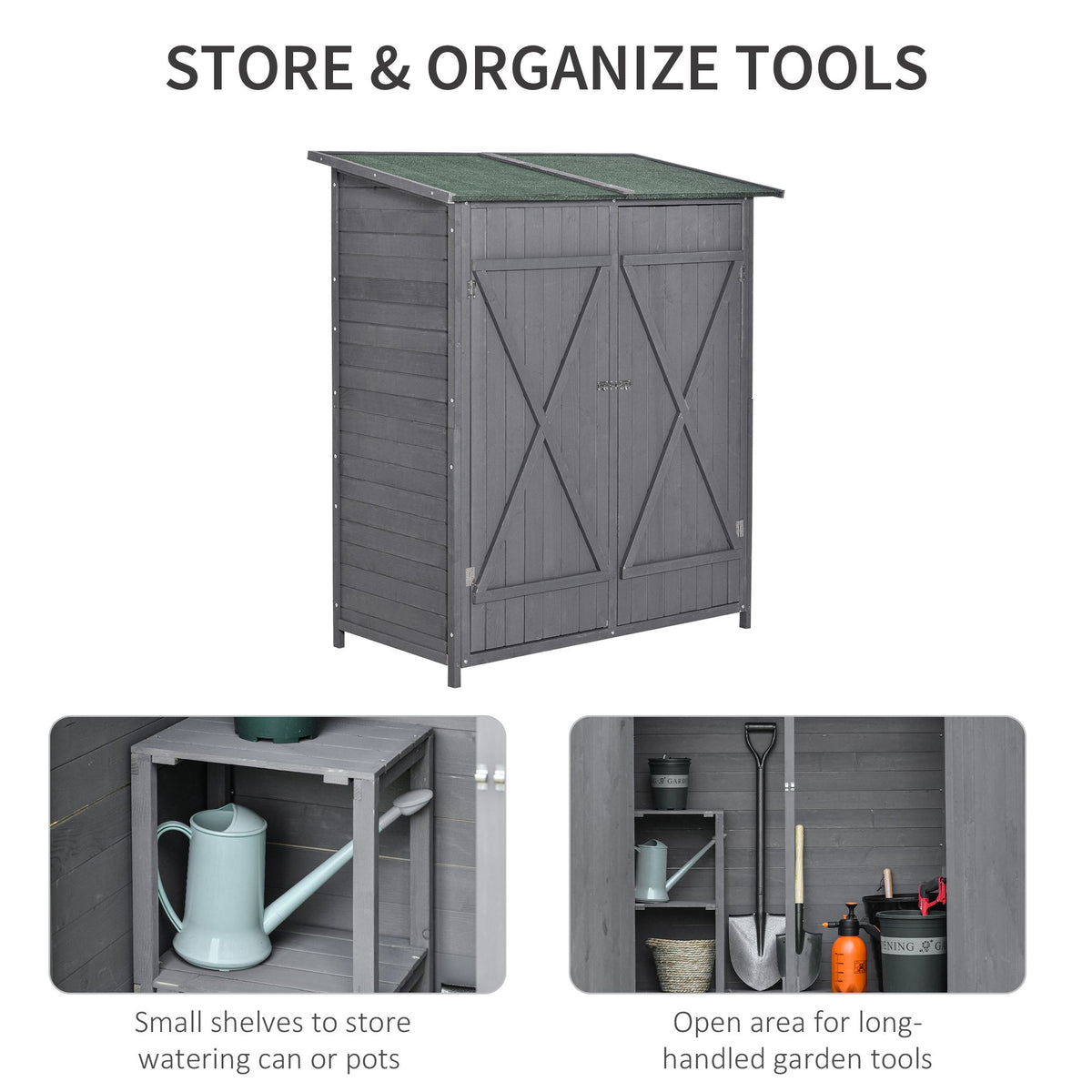 Outsunny 139 x 75 Fir Wood Garden Shed with Asphalt Roof and Secure Double Doors - Grey