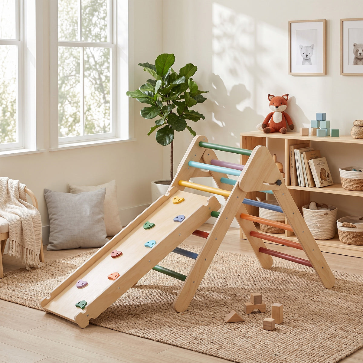 AIYAPLAY Toddler Climbing Frame for Kids, with Ramp, 3-in-1 Wooden Play Triangle Set for 18-48 Months, Multicolour