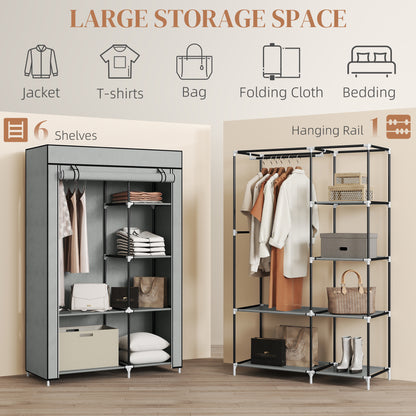 HOMCOM Fabric Wardrobe w/ Shelves Hanging Rail Foldable Wardrobe Light Grey