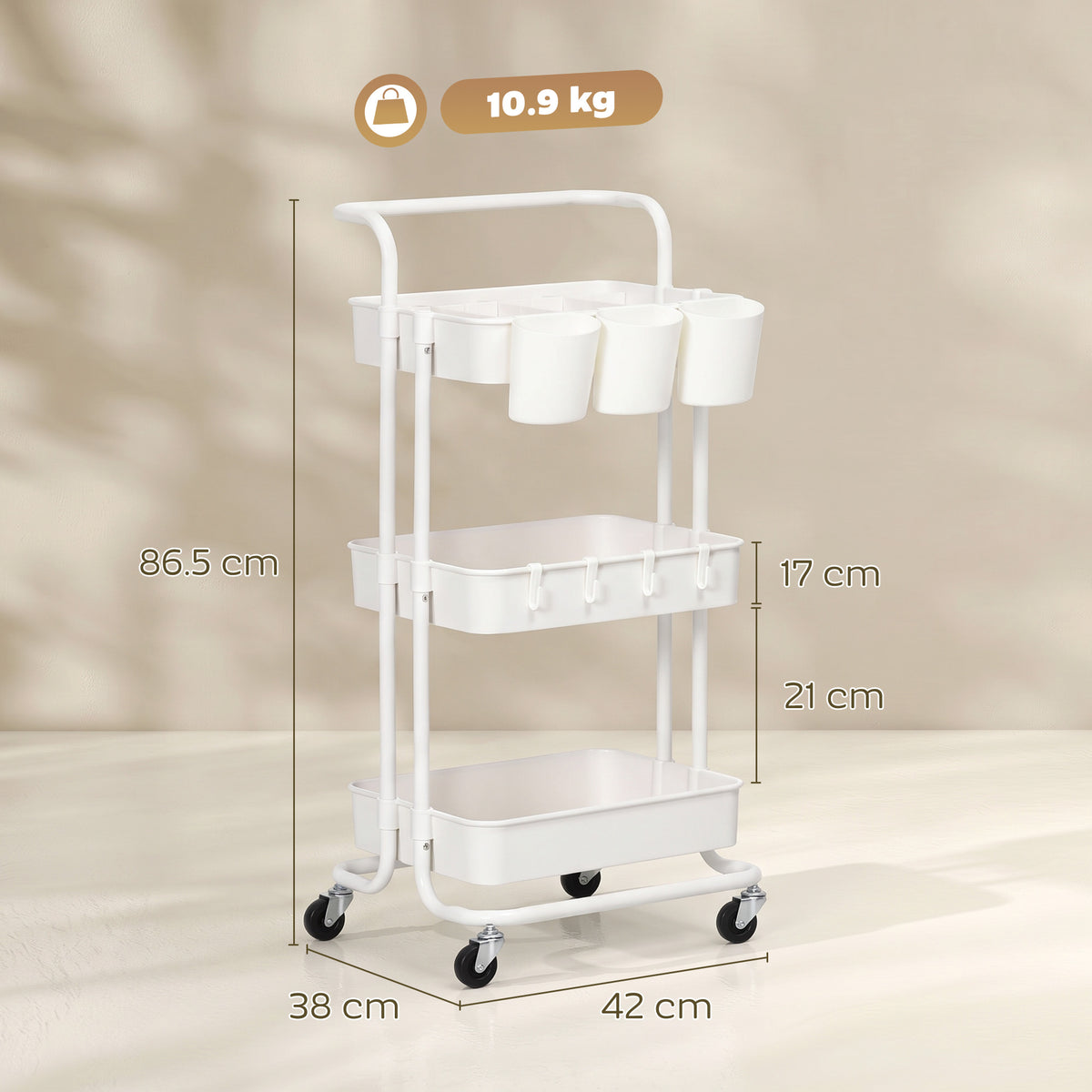 HOMCOM Three-Tier Home Trolley, with Handle and Wheels - White
