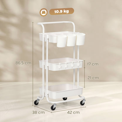 HOMCOM Three-Tier Home Trolley, with Handle and Wheels - White