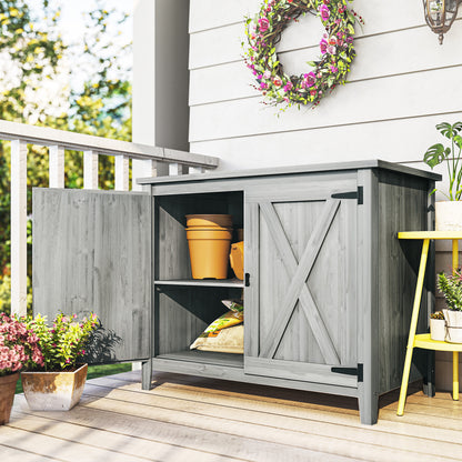 Outsunny Wooden Garden Shed, Outdoor Fir Wood Storage Shed with Shelf and Double Doors, Light Grey