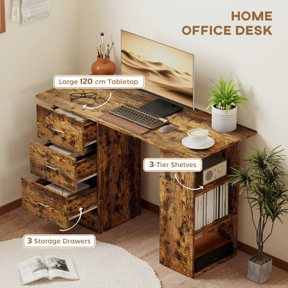 HOMCOM Computer Desk with Drawers, Home Office Desk, Writing Table, PC Workstation with 3 Storage Shelves for Working, Study, 120 x 49 x 72 cm, Rustic Brown