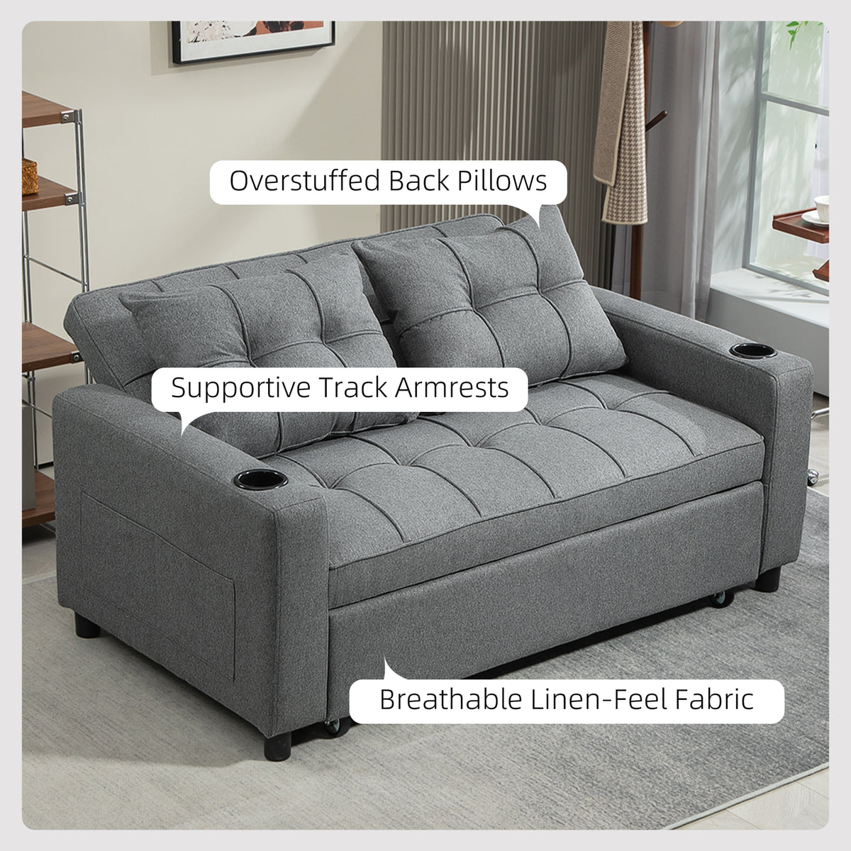 HOMCOM 2 Seater Sofa Bed Pull-Out Sofa Bed with 3-position adjustable backrest - Charcoal Grey