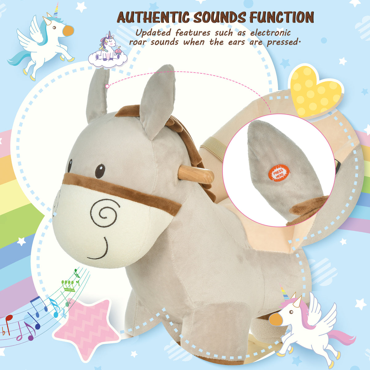 HOMCOM Kids Rocking Horse, Children Plush Ride On Donkey Animal Rocker w/ Sound, Wood Base Seat, Seat Belt, Baby Toy Rocker for Toddler 18 - 36 Months, Grey