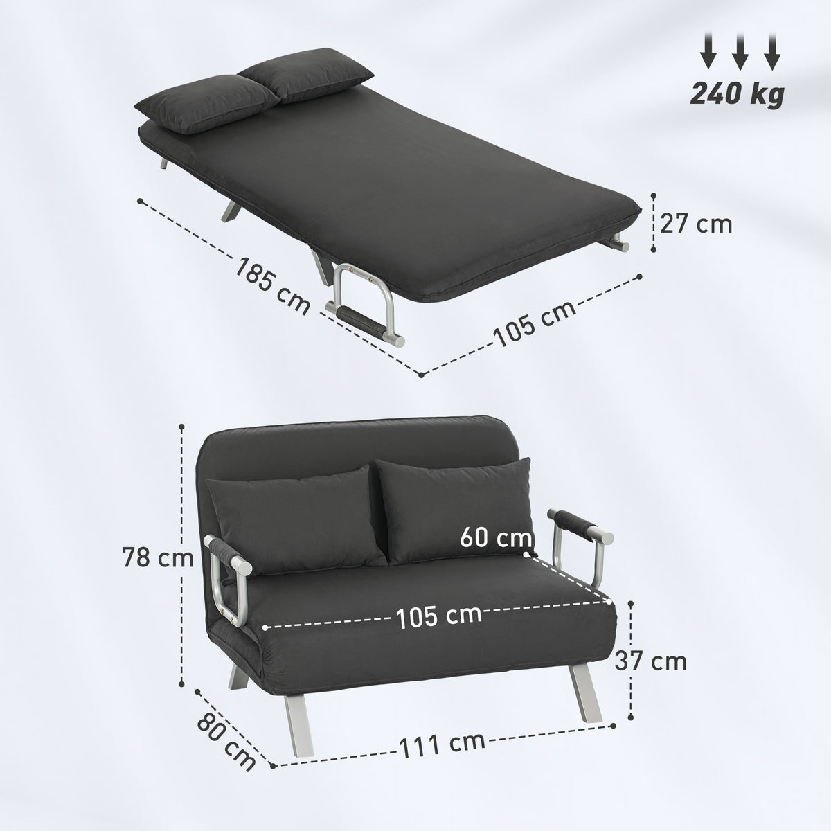 HOMCOM Two-Seater Click-Clack Sofa Bed - Charcoal Grey