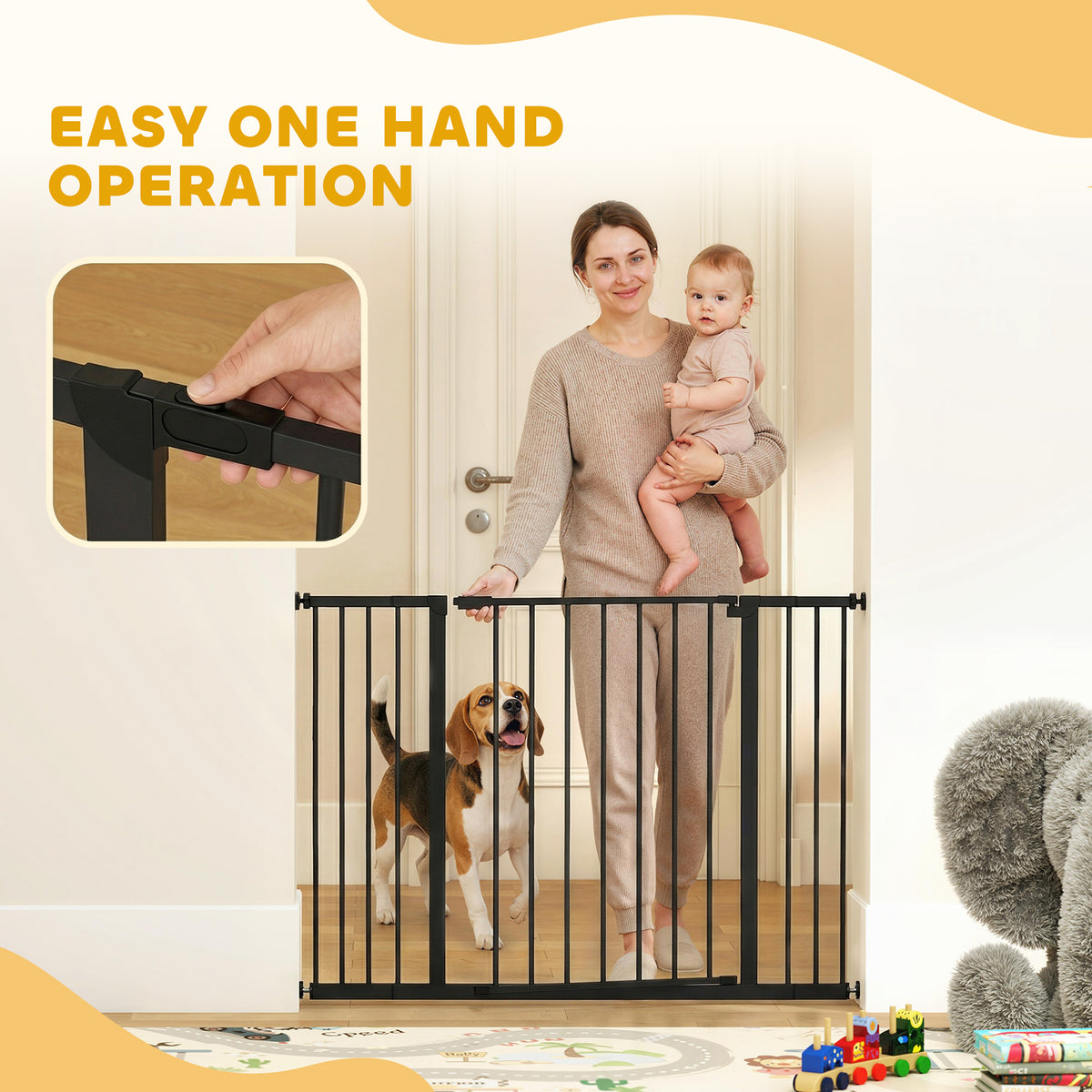 PawHut Dog Gate Pet Safety Gate Stair Barrier Pressure Mount Adjustable 76-82/86-97/101-107 cm, Black