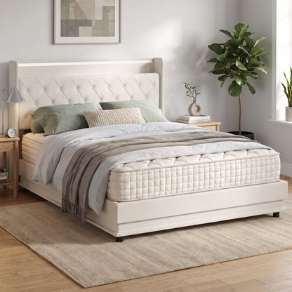 HOMCOM 5ft King Bed Frame with Headboard, Platform Bed Frame with Hydraulic Storage, LED Lights and Charging Station, White