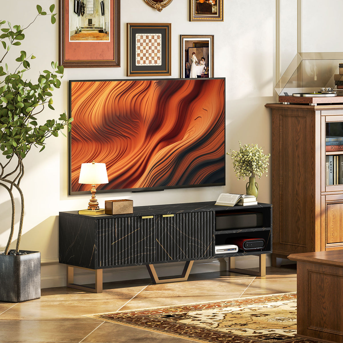 HOMCOM Marble Effect TV Unit, Modern TV Stand Cabinet for up to 70" TVs, with Shelves and Storage Cupboard, Fluted Door, Extra Centre Leg, Cable Management for Living Room, Black