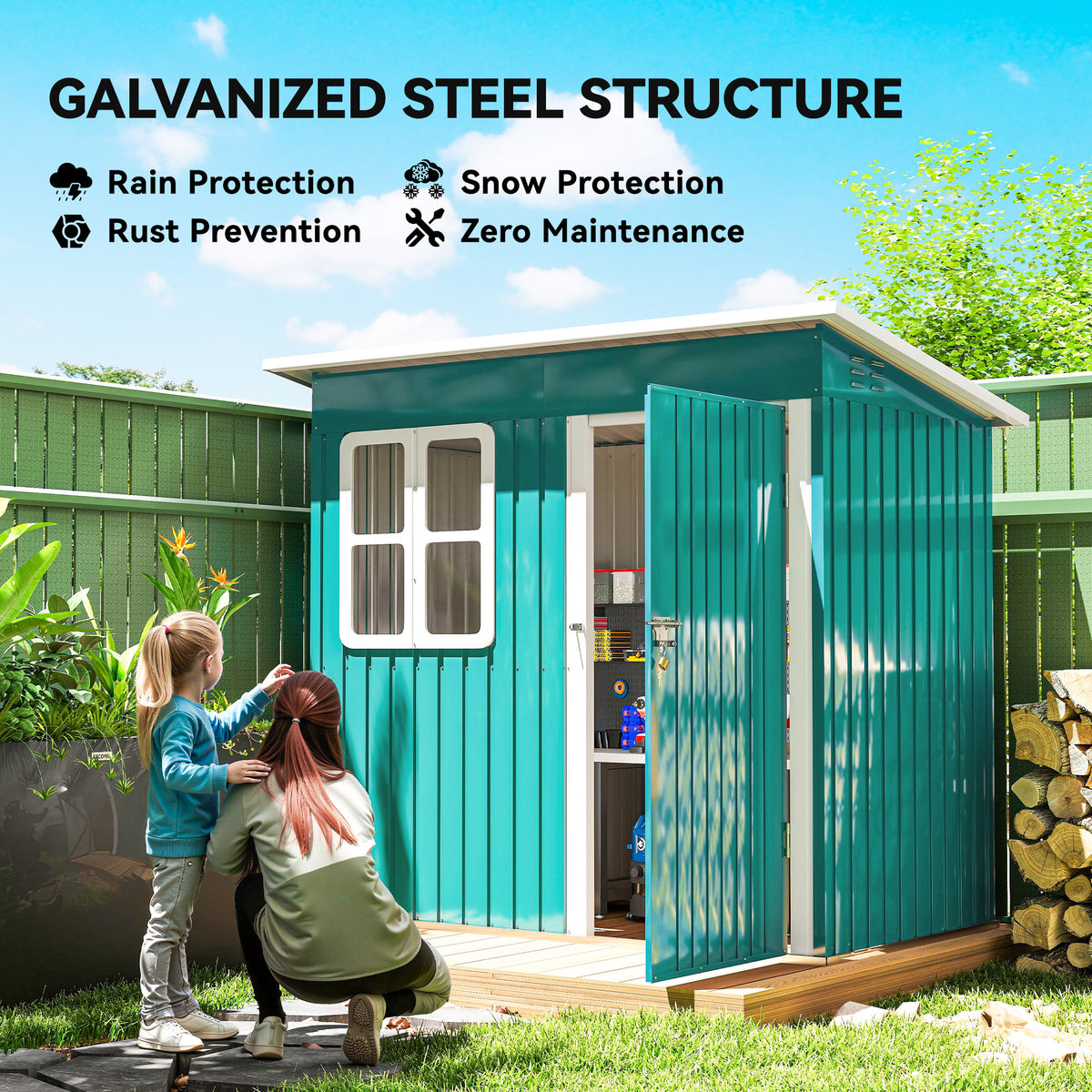 Outsunny 7 x 4ft Galvanised Steel Garden Shed, with Lock, Gloves and Foundation Kit  - Green