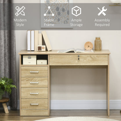 HOMCOM Computer Desk with 5 Drawers, Home Office Desk with Lockable Drawer and Storage Shelf, Study Table for Bedroom, 110 x 50 x 76 cm, Oak