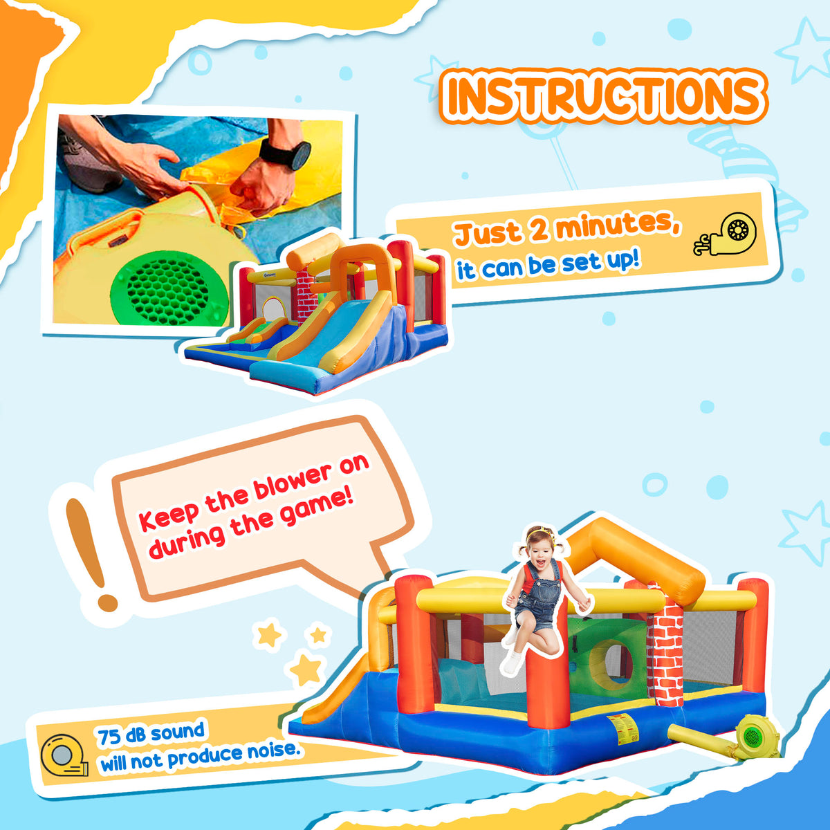 Outsunny 4 in 1 Large Bouncy Castle with Blower, Inflatable Bounce House with Double Slides, Trampoline, Inflatable House Pool, Climbing Wall, Carrybag for Kids Age 3-8, 3.8 x 3.7 x 2.3 m
