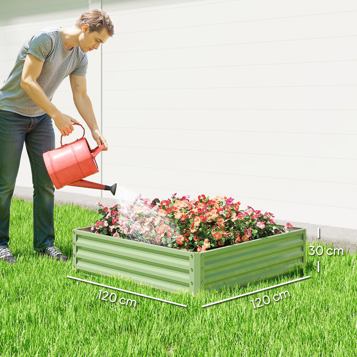 Outsunny Square Raised Garden Bed Box with Weatherized Steel Frame for Vegetables, Flowers, & Herbs, 120 x 120 x 30cm, Light Green