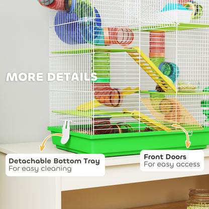 PawHut Hamster Cage, 5 Tier Carrier Habitat with Exercise Wheels Tunnel Tube Water Bottle Dishes House Ladder, Gerbil Cage for Dwarf Mice, Green