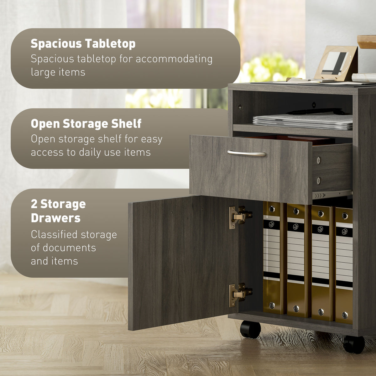 HOMCOM Filing Cabinet, Mobile File Cabinet with 2 Drawers, Office Home Organiser on Wheels for A4, Letter-Size File Folders, Mobile Printer with Open Shelf, Grey