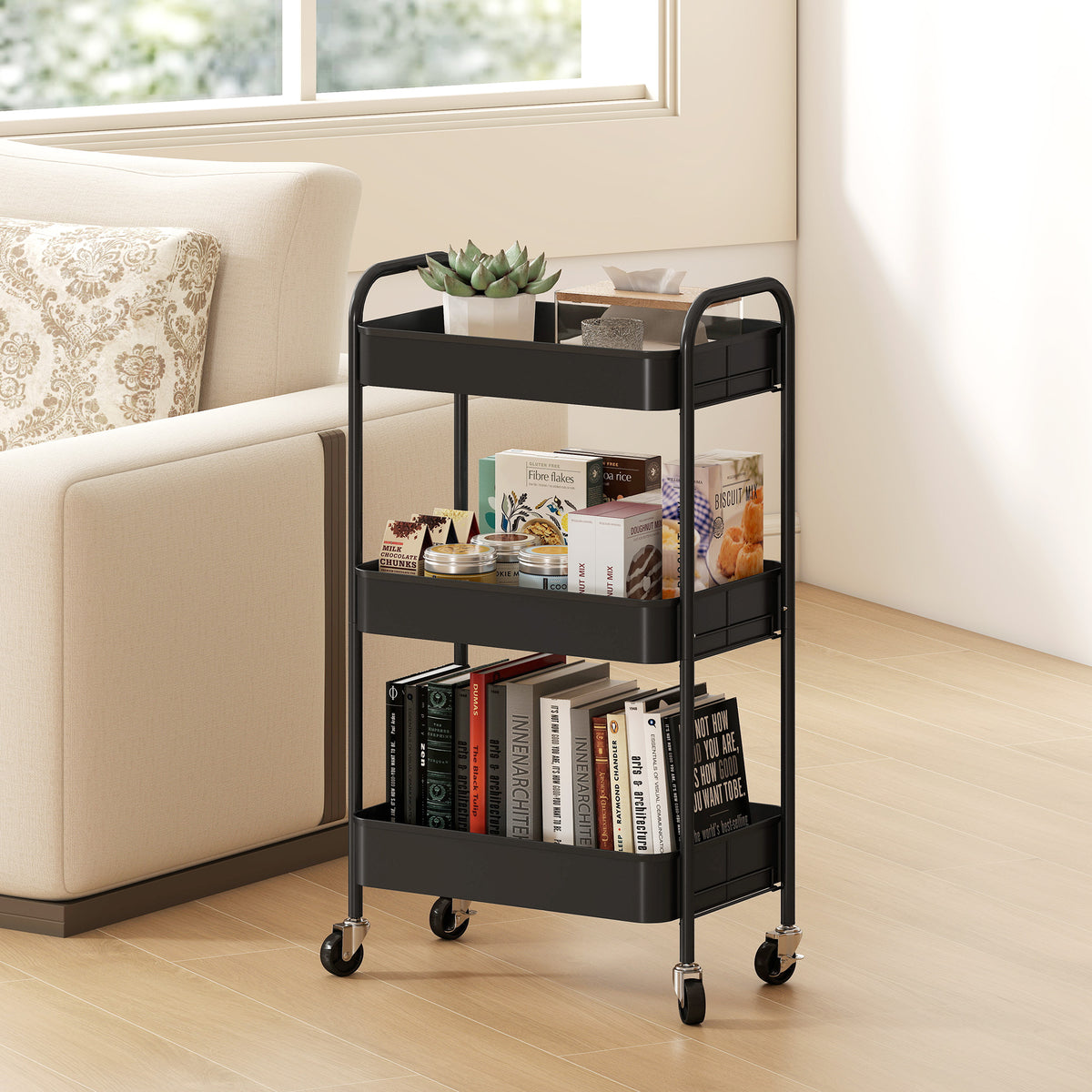 HOMCOM Three-Tier Steel Storage Trolley - Black