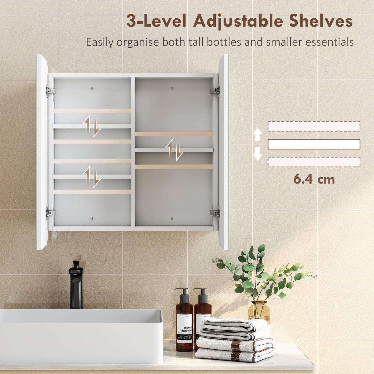 HOMCOM Arched Bathroom Mirror Cabinet with Adjustable Shelves - White
