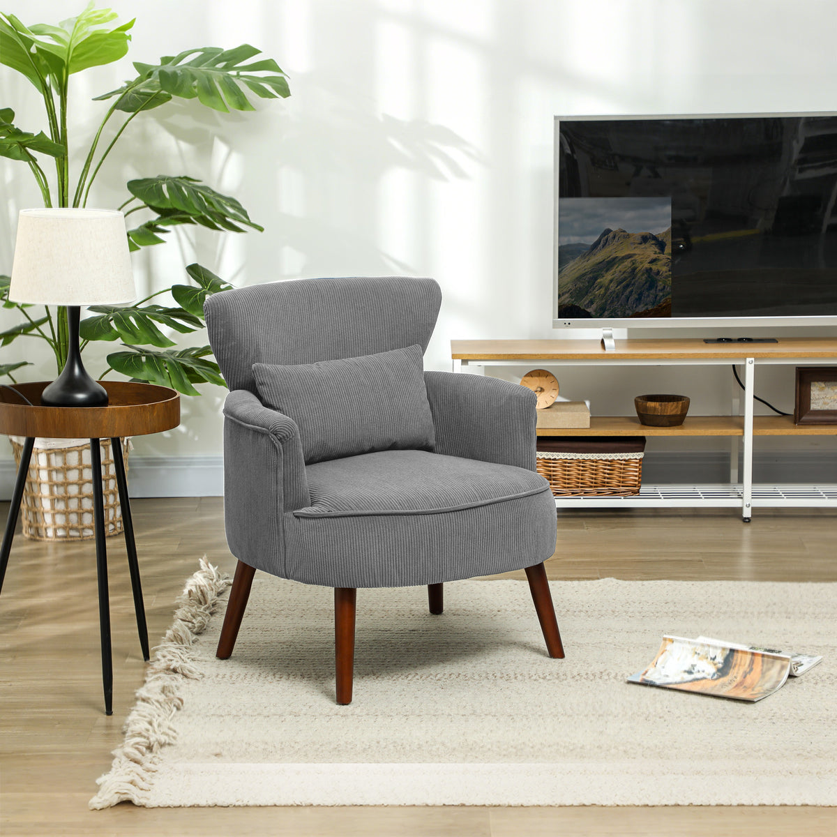 HOMCOM Corduroy Retro Accent Chair - Light Grey