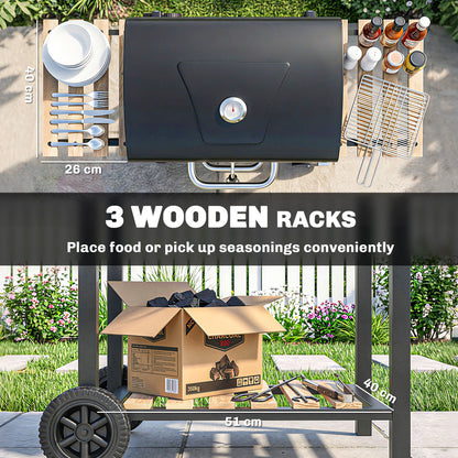 Outsunny Charcoal BBQ Grill with Adjustable Charcoal Pan, Barbecue Smoker with Warming Rack, Black