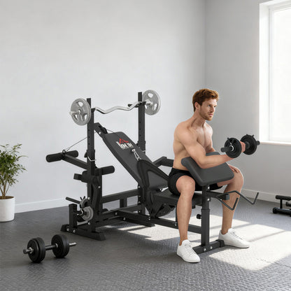 HOMCOM Weight Bench, 6 in 1 Adjustable Bench Press with Leg Extension, Barbell Rack, Preacher Curl Pad, Resistance Band, Multi-Function Home Gym Equipment for Strength Training Weightlifting