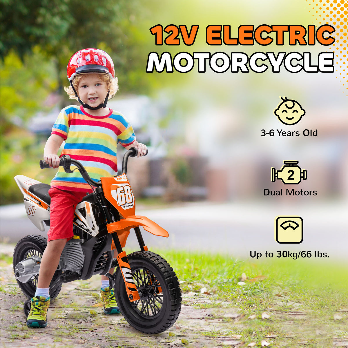 AIYAPLAY Kids Electric Motorcycle, 12V Ride On Motorbike with Training Wheels, Soft Start, Suspension, Music for 3–6 Y, Orange