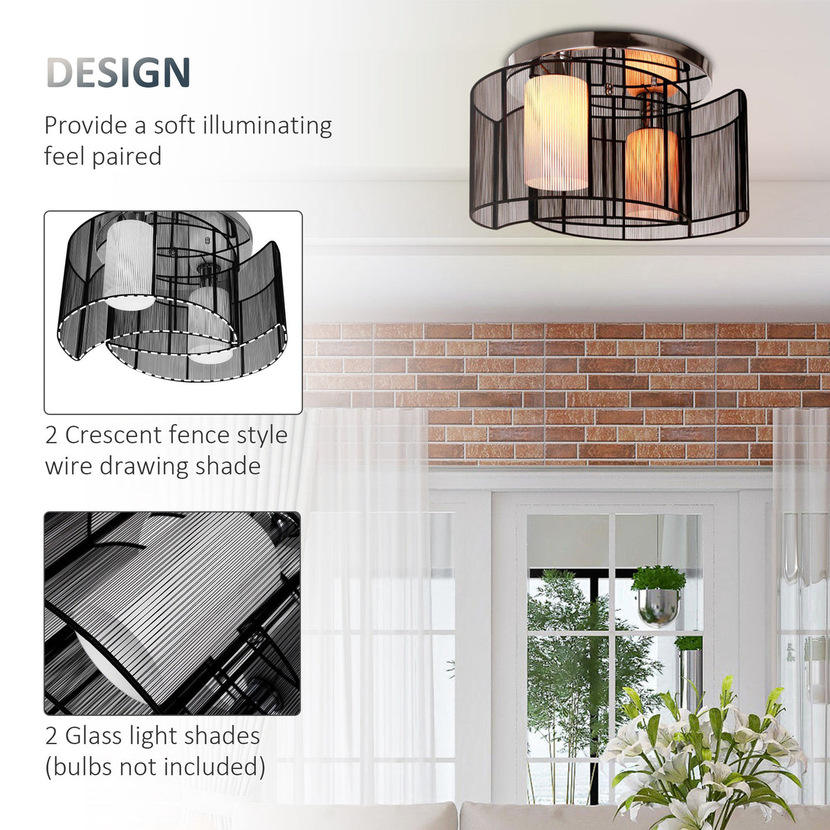 HOMCOM Modern Chandelier, Semi-Flush Mount Ceiling Light with Glass Lampshade, 2 x E27 Bulb Base for Hallway, Dining Room, Living Room, White and Black