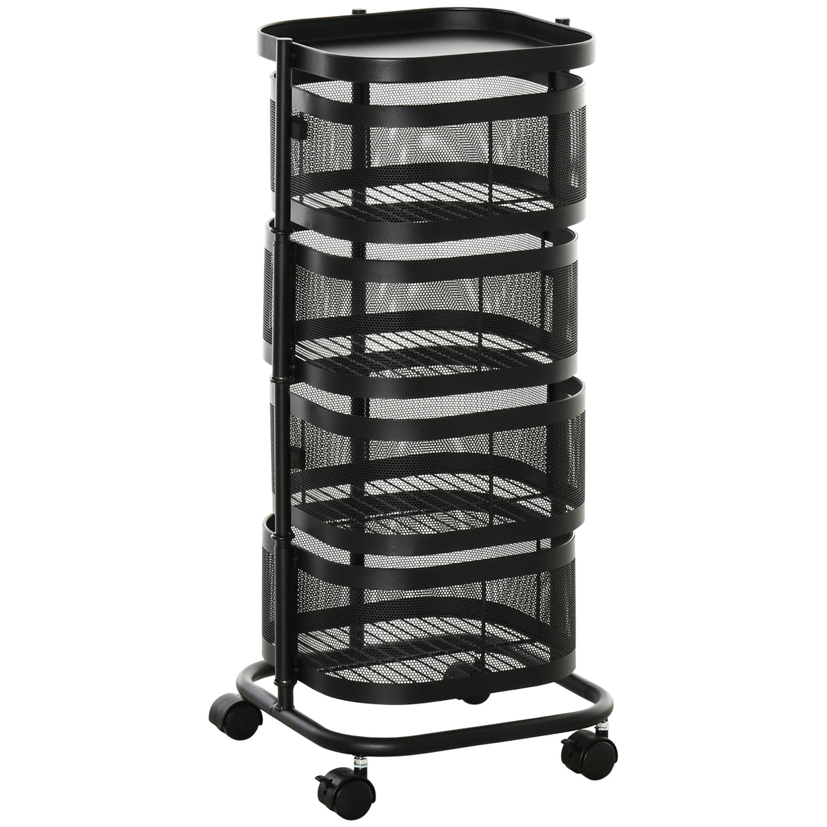 HOMCOM Metal Storage Cart, 4-Tier Storage Trolley on Wheels with 4 Mesh Baskets and Top Tray, Black