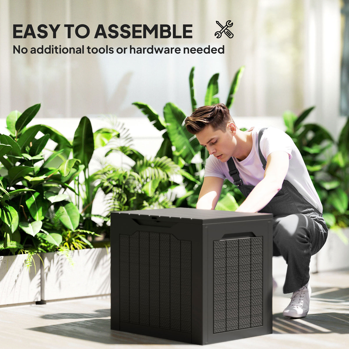 Outsunny 97L Plastic Garden Storage Box, Outdoor Storage Box with Handles, Waterproof Outdoor Storage Container, Black